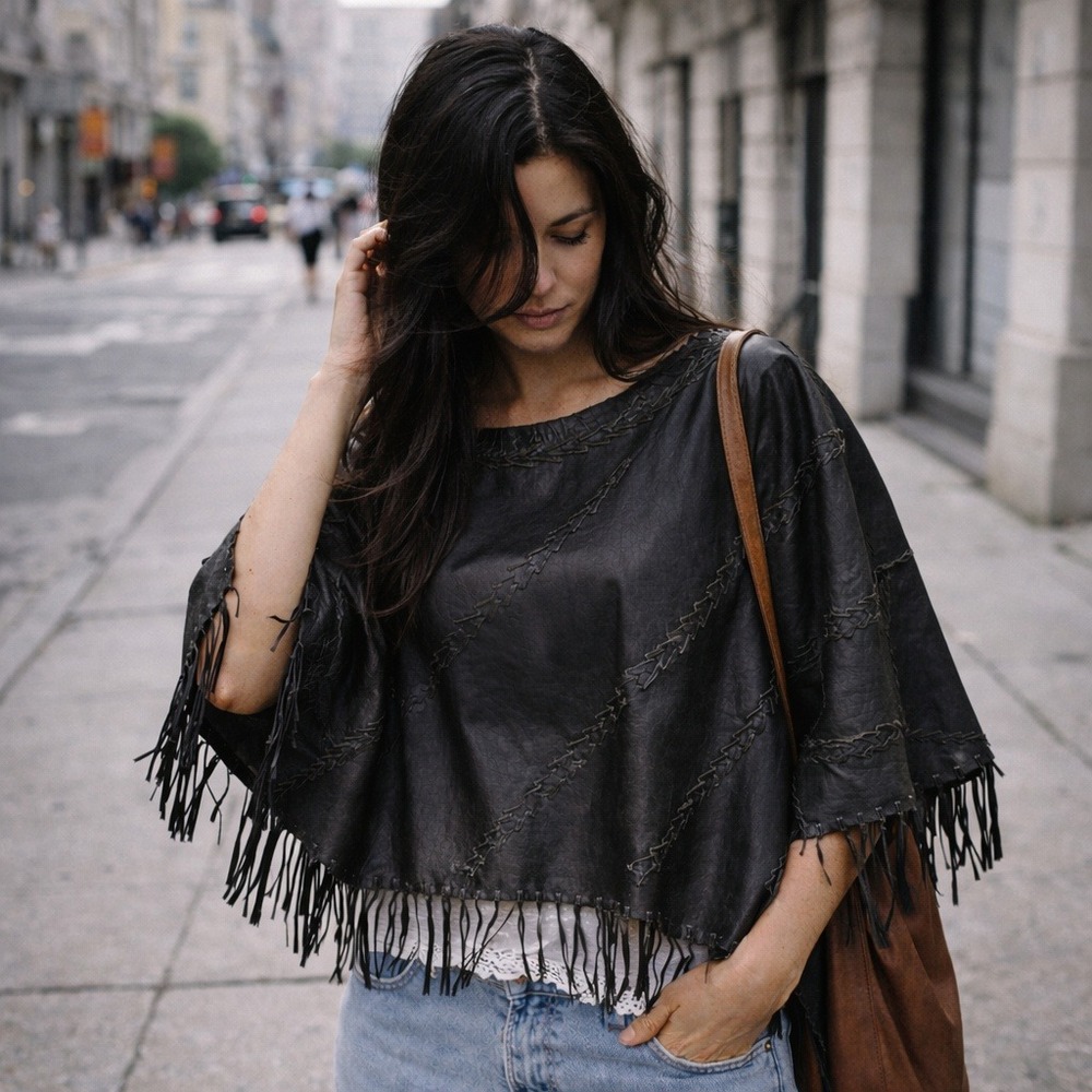 Newport‎ News Vintage Leather Fringe Poncho Black Whipstitch 90s Western XL